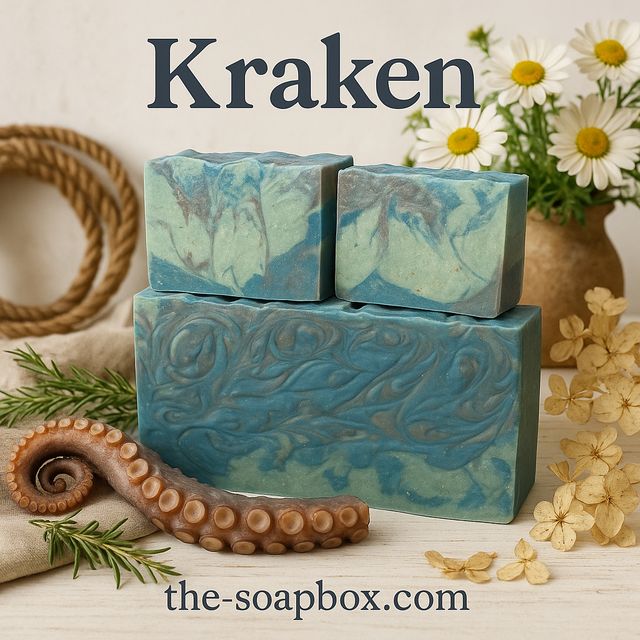 AI-enhanced Kraken soap photo in a styled sea-themed scene with the product name and website